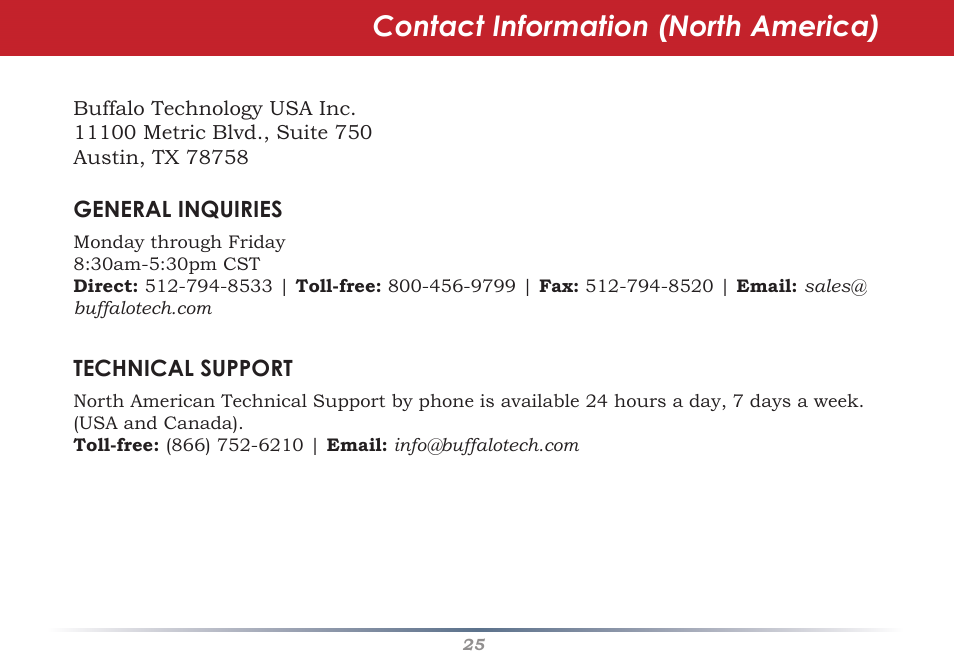 Contact information (north america) | Buffalo Technology Secure Lock Ware User Manual | Page 25 / 26