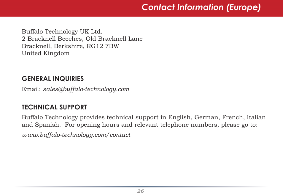 Contact information (europe) | Buffalo Technology Secure Lock Ware User Manual | Page 26 / 26