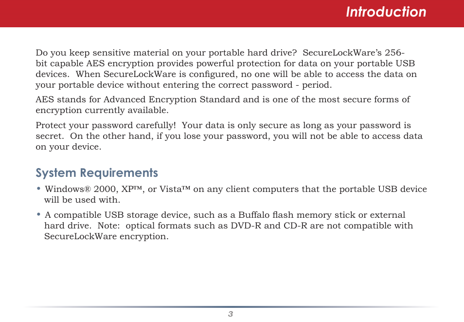 Introduction, System requirements | Buffalo Technology Secure Lock Ware User Manual | Page 3 / 26