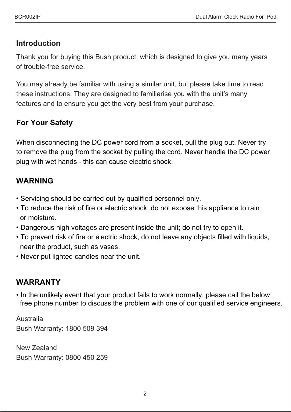 BUSH Dual Alarm Clock Radio For iPod BCR002IP User Manual | Page 2 / 8