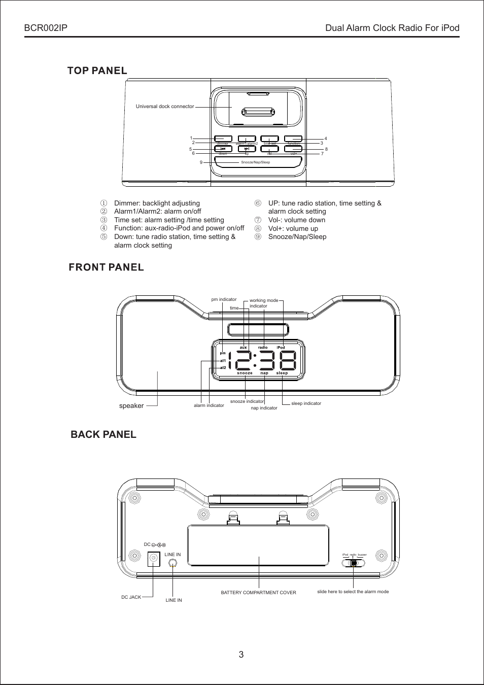 Back panel, Dual alarm clock radio for ipod bcr002ip | BUSH Dual Alarm Clock Radio For iPod BCR002IP User Manual | Page 3 / 8
