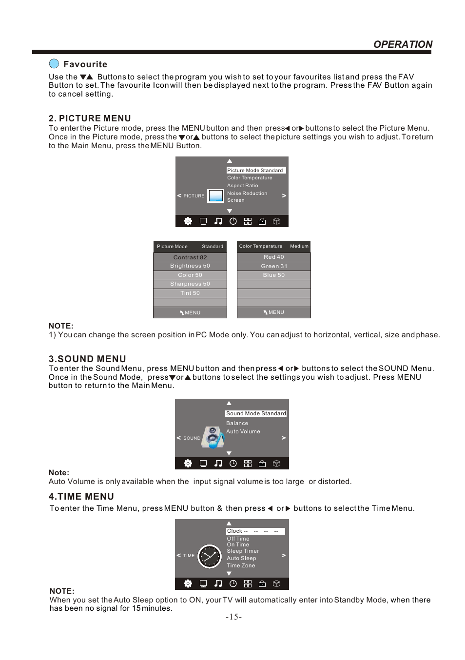 Т³гж 16, Operation, Sound menu | Time menu, Favourite, Picture menu | BUSH LED LCD TV/DVD COMBO IDLED2202DVD User Manual | Page 16 / 30