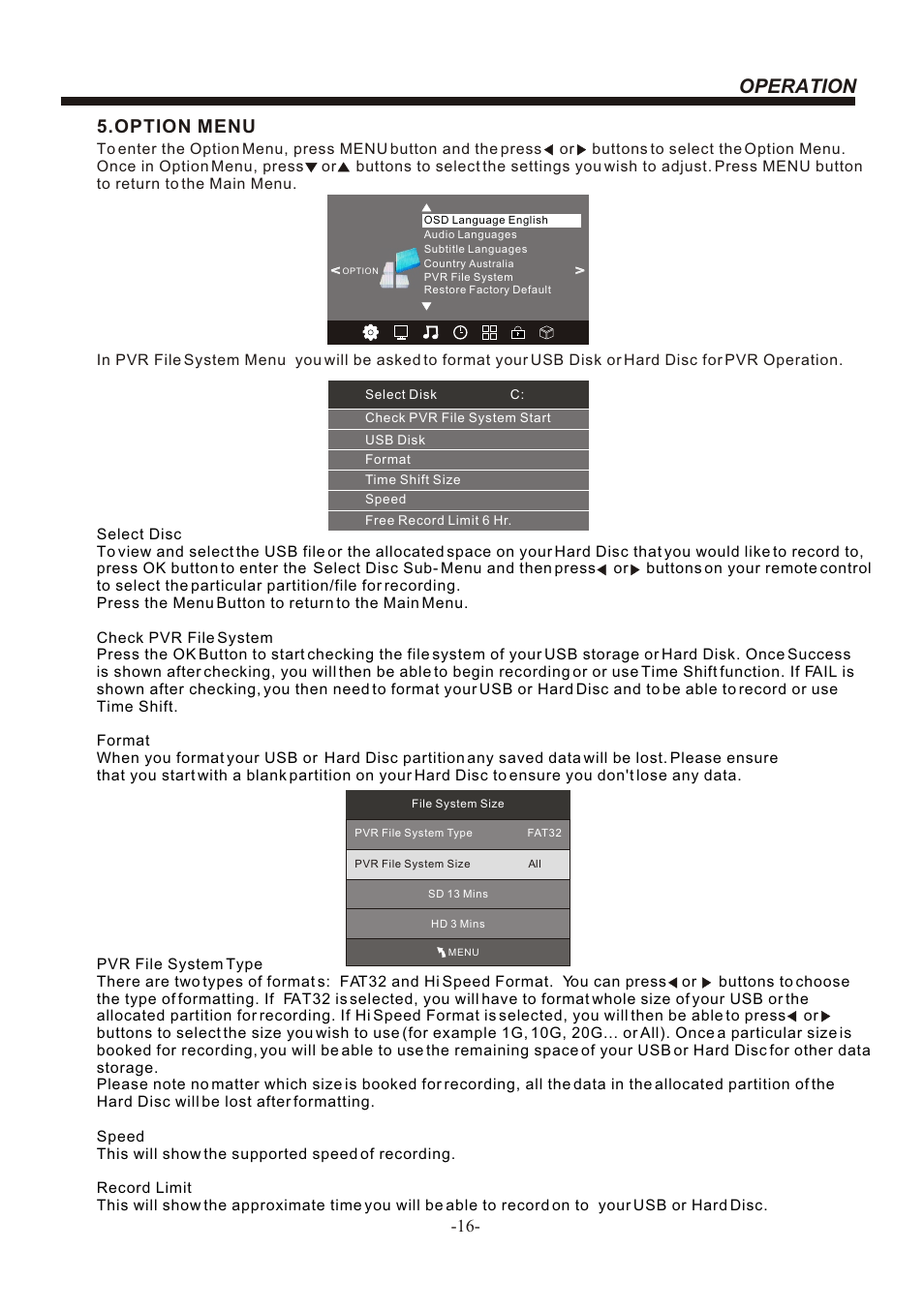 Т³гж 17, Operation, Option menu | BUSH LED LCD TV/DVD COMBO IDLED2202DVD User Manual | Page 17 / 30