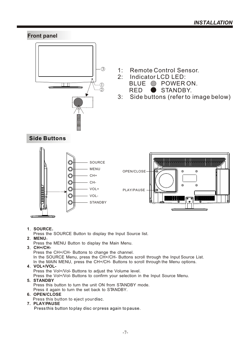 Т³гж 8, Installation, Front panel | Side buttons | BUSH LED LCD TV/DVD COMBO IDLED2202DVD User Manual | Page 8 / 30