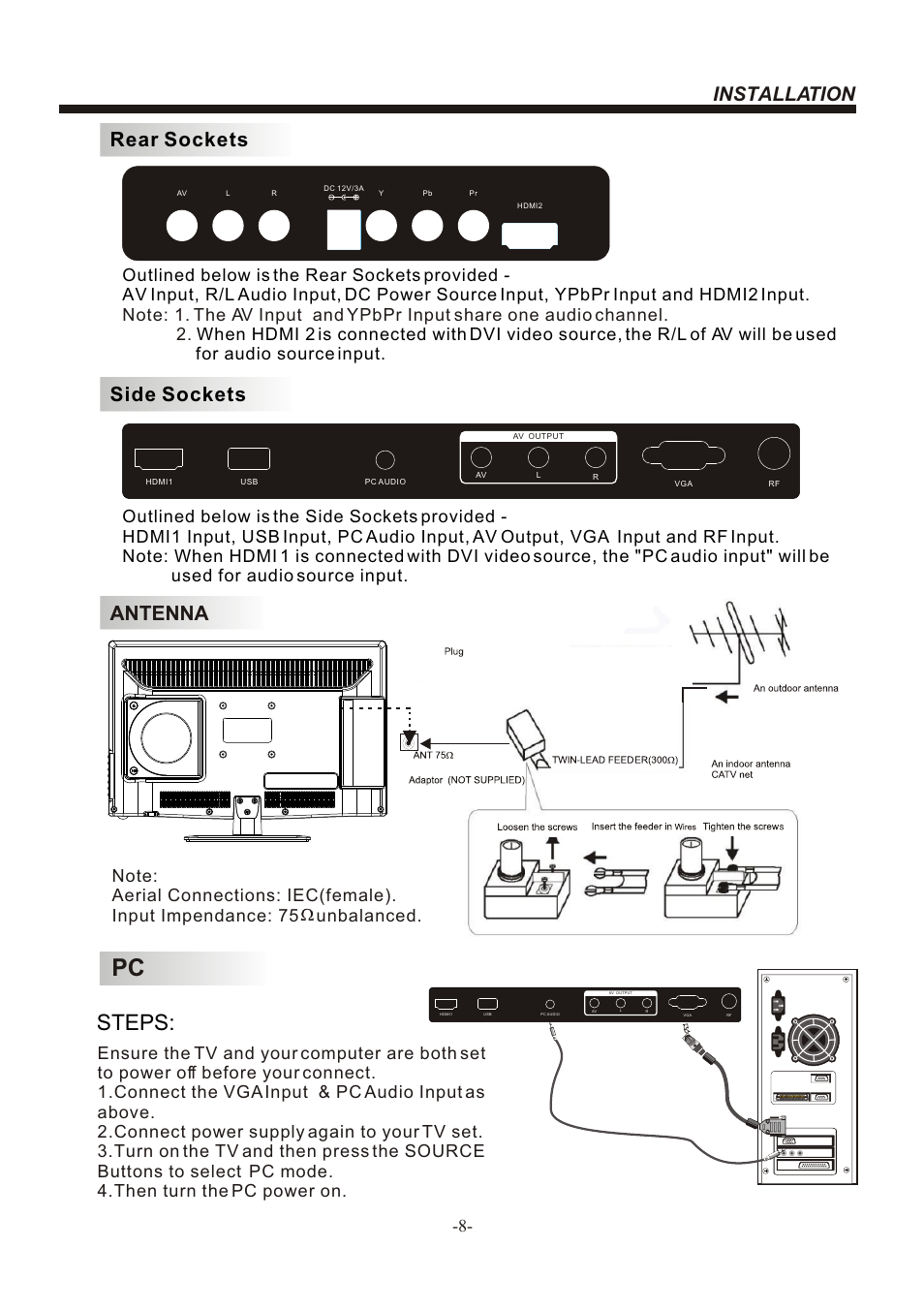 Т³гж 9, Steps, Installation | Antenna, Rear sockets, Side sockets | BUSH LED LCD TV/DVD COMBO IDLED2202DVD User Manual | Page 9 / 30