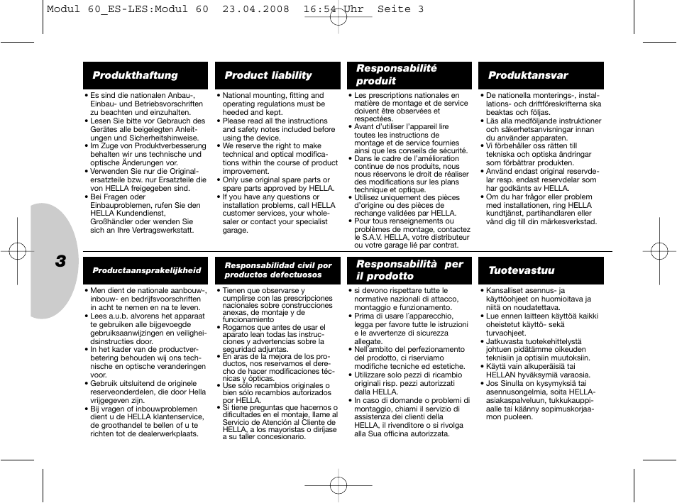 Produkthaftung, Product liability, Responsabilité produit | Produktansvar, Responsabilità per il prodotto, Tuotevastuu | Hella 60mm Module Low Beam User Manual | Page 3 / 15