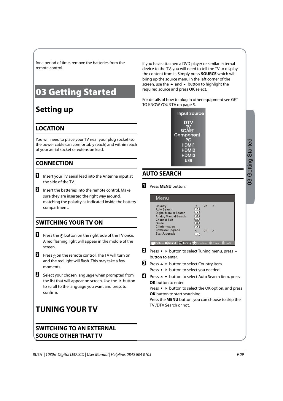 03 getting started, Setting up, Tuning your tv | Location, Connection, Switching your tv on, Switching to an external source other that tv, Auto search | BUSH 1080P User Manual | Page 10 / 30