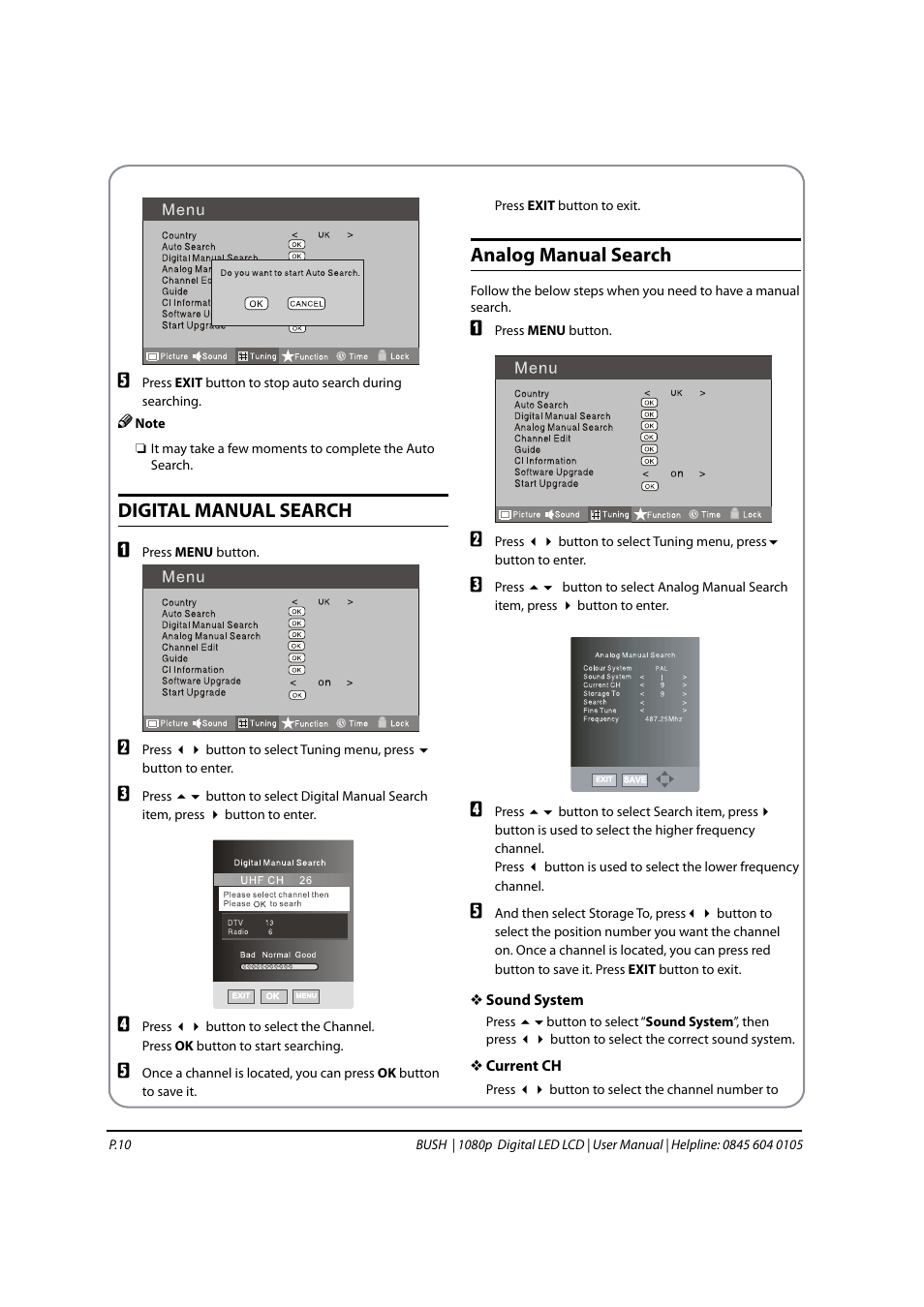 Digital manual search, Analog manual search | BUSH 1080P User Manual | Page 11 / 30