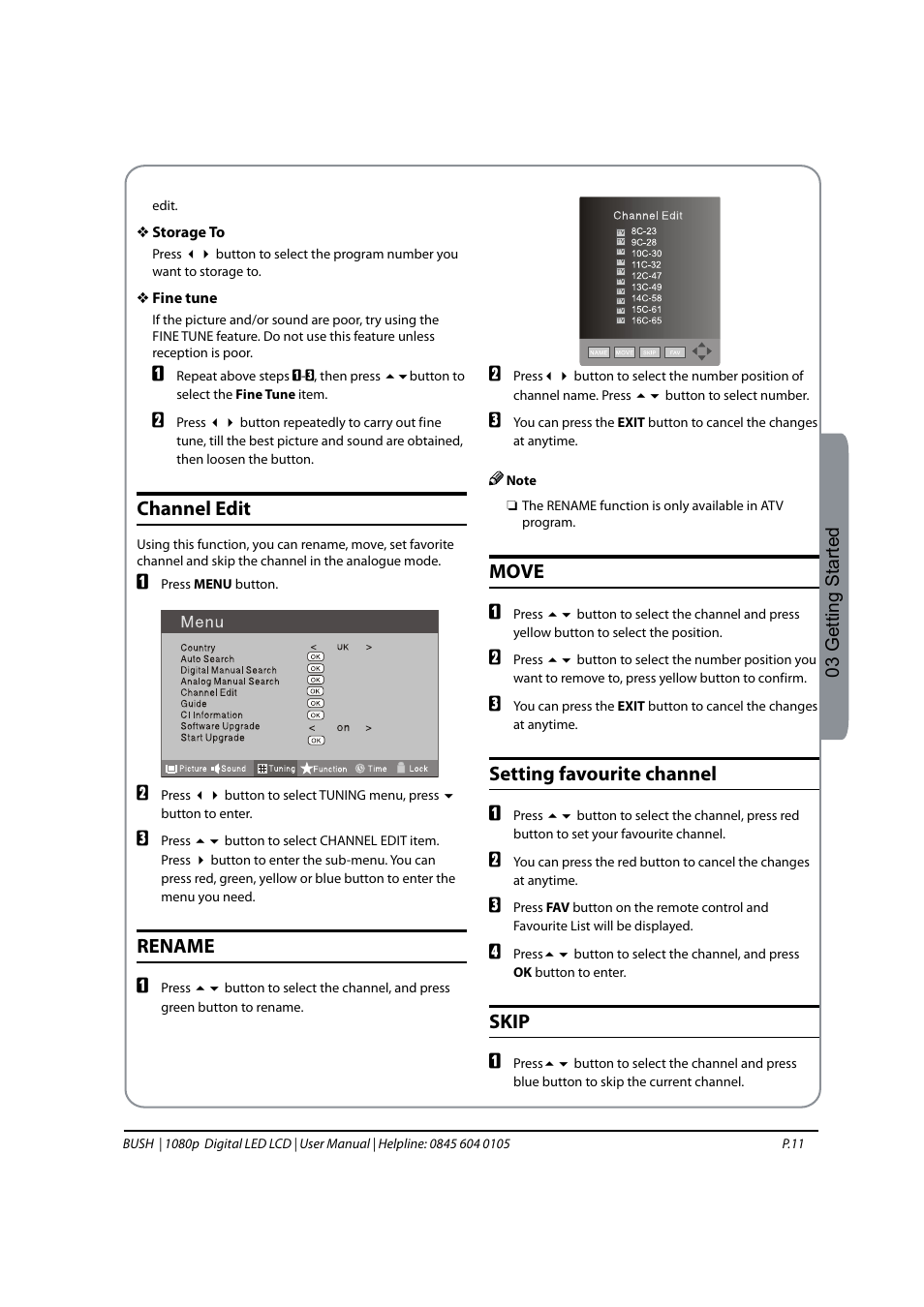 Channel edit, Rename, Move | Setting favourite channel, Skip, 03 getting started | BUSH 1080P User Manual | Page 12 / 30