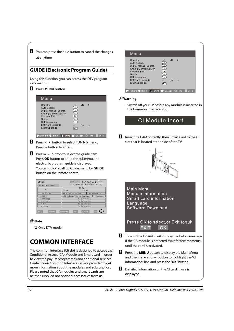 Common interface, Guide (electronic program guide) | BUSH 1080P User Manual | Page 13 / 30