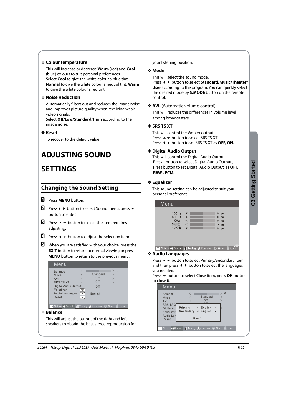 Adjusting sound settings, Changing the sound setting, 03 getting started | BUSH 1080P User Manual | Page 16 / 30