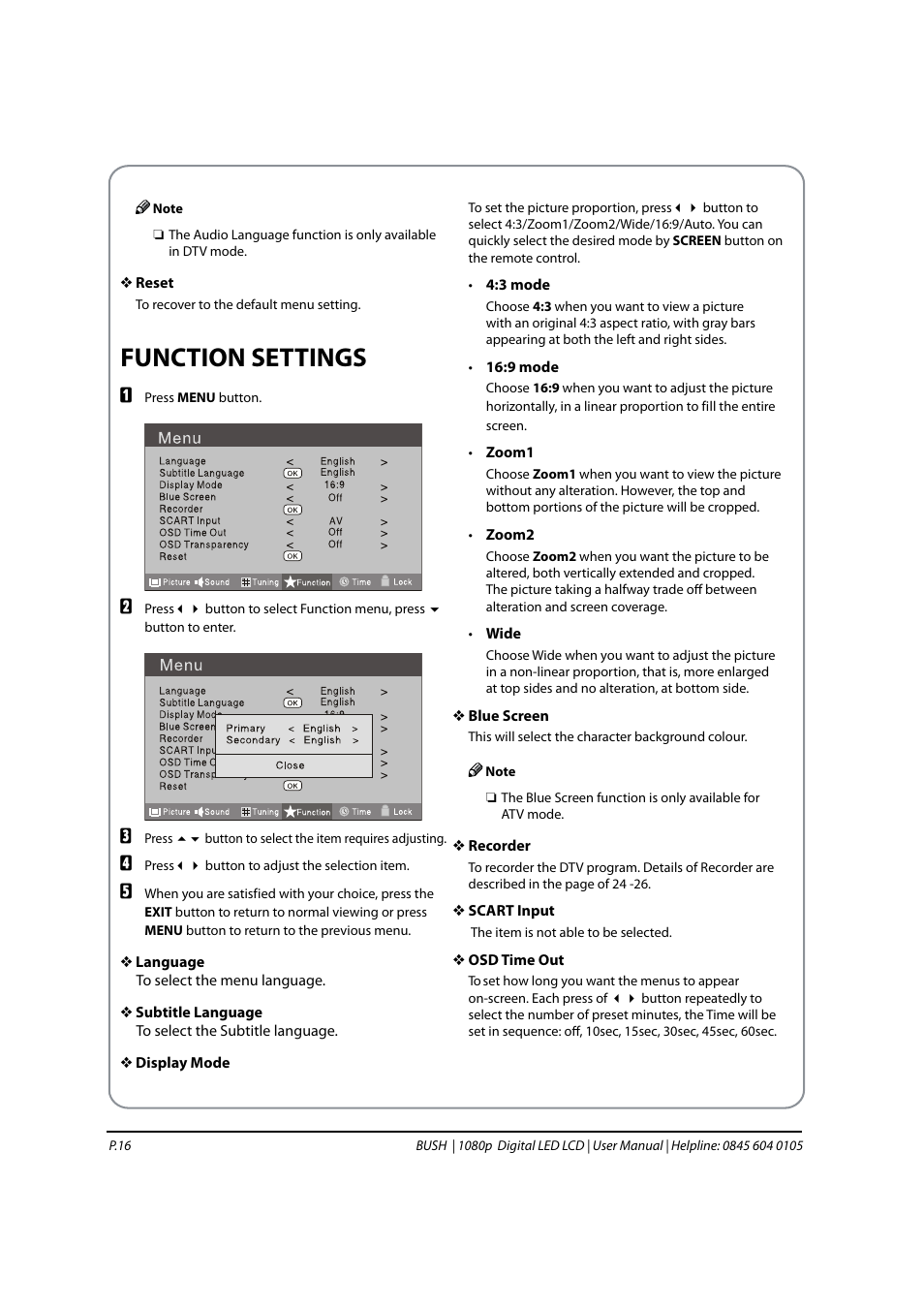 Function settings | BUSH 1080P User Manual | Page 17 / 30