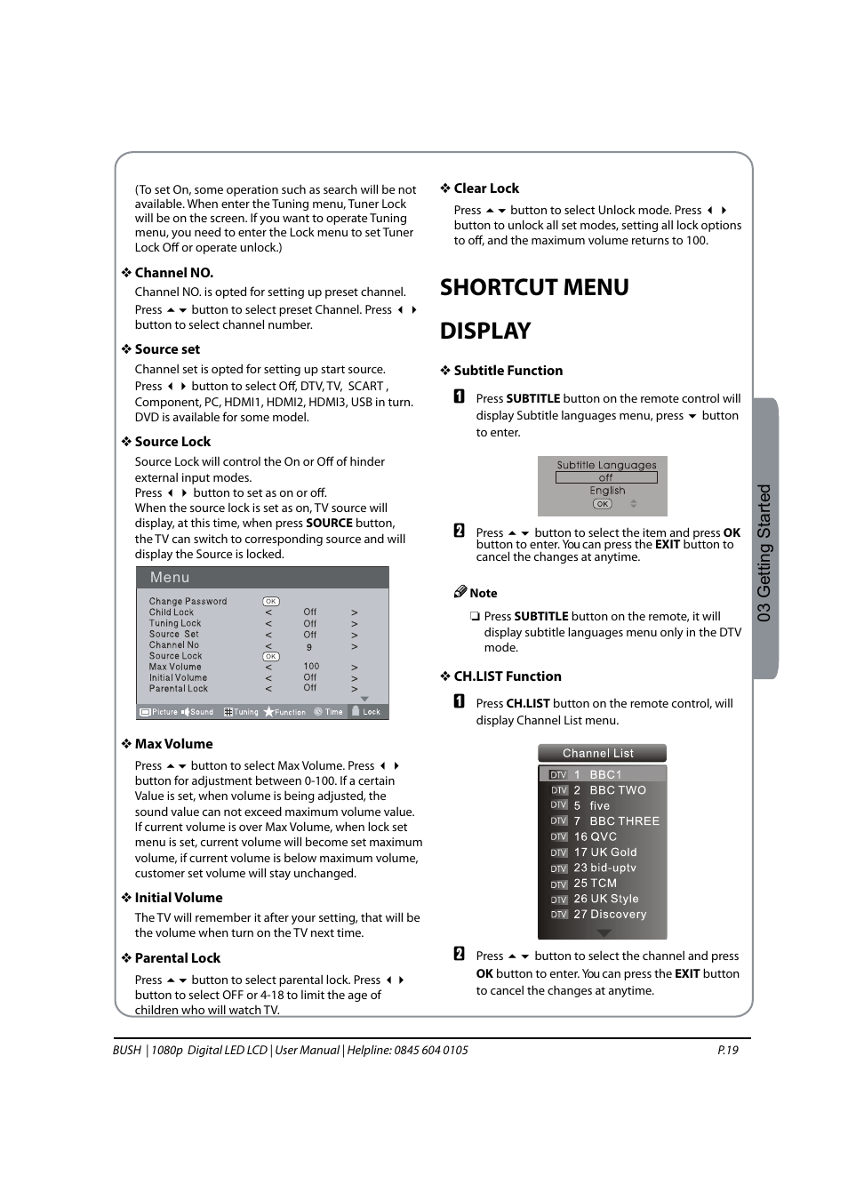 Shortcut menu display, 03 getting started | BUSH 1080P User Manual | Page 20 / 30