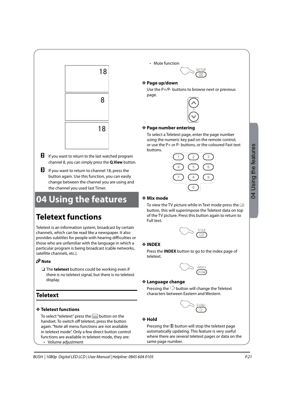 04 using the features, Teletext functions, Teletext | BUSH 1080P User Manual | Page 22 / 30