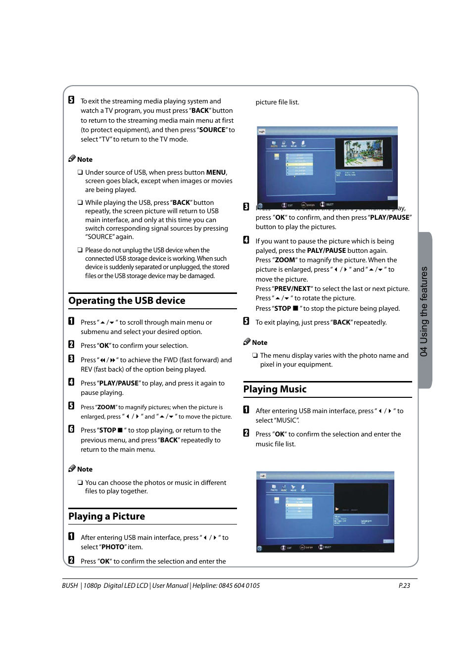 Operating the usb device, Playing a picture, Playing music | 04 using the features | BUSH 1080P User Manual | Page 24 / 30