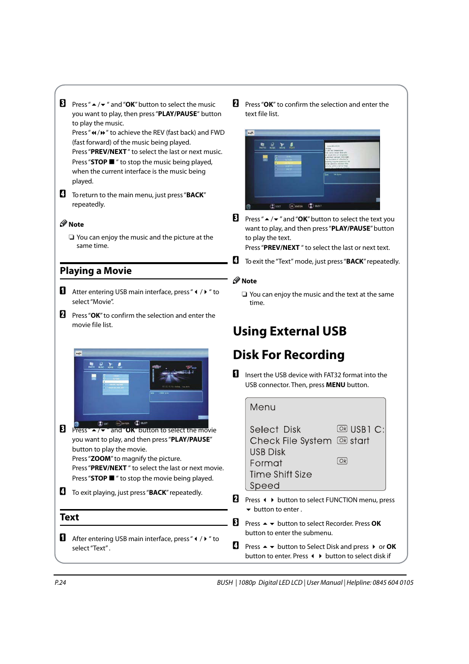 Using external usb disk for recording, Playing a movie, Text | BUSH 1080P User Manual | Page 25 / 30