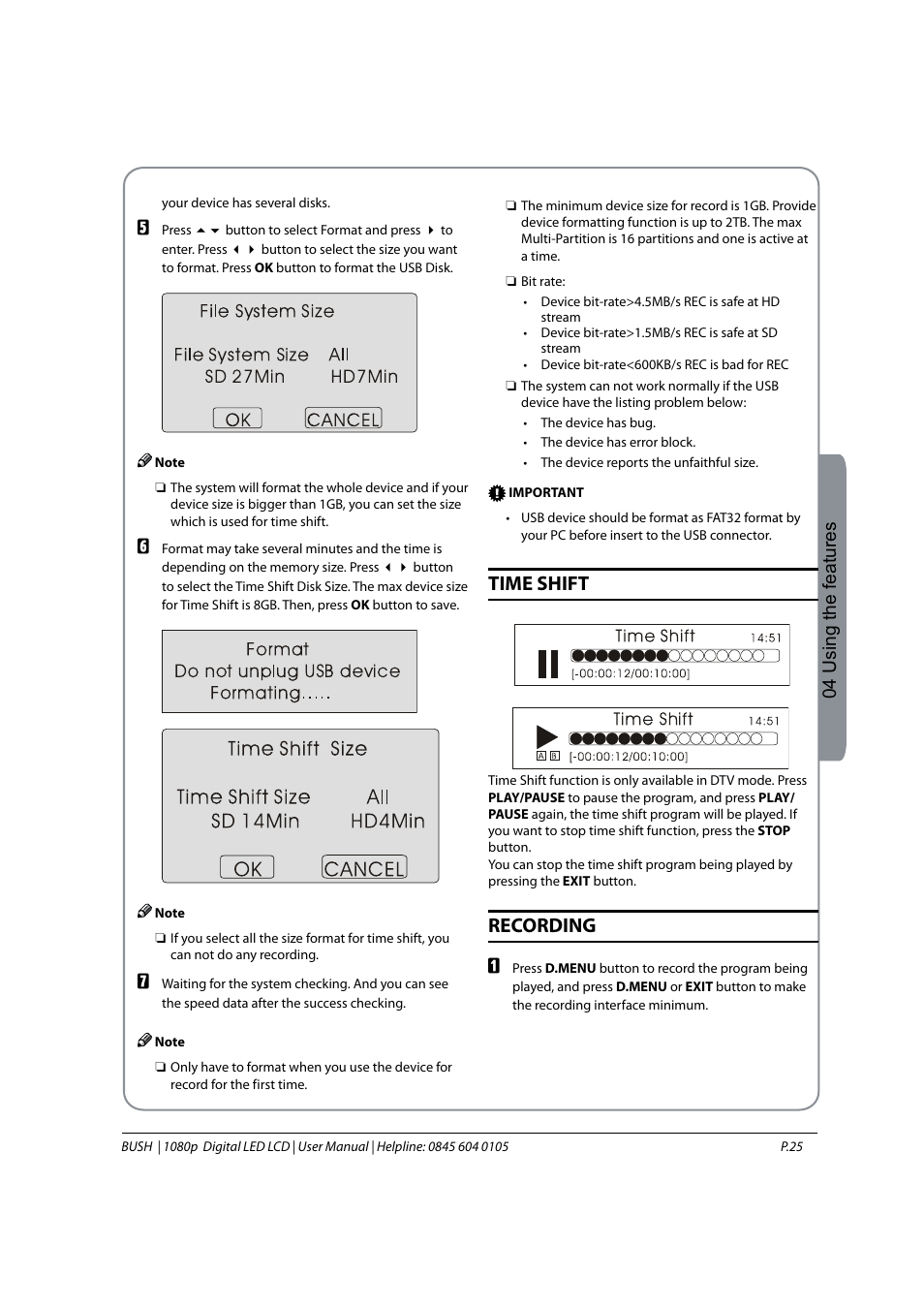 Time shift, Recording, 04 using the features | BUSH 1080P User Manual | Page 26 / 30