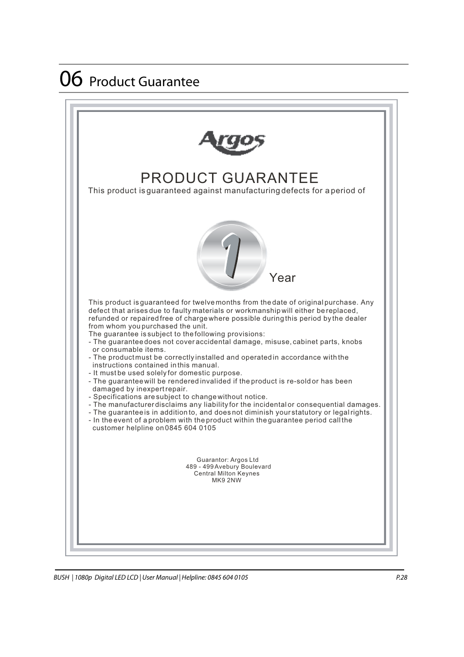 Product guarantee, Product guarantee s, Year | BUSH 1080P User Manual | Page 29 / 30