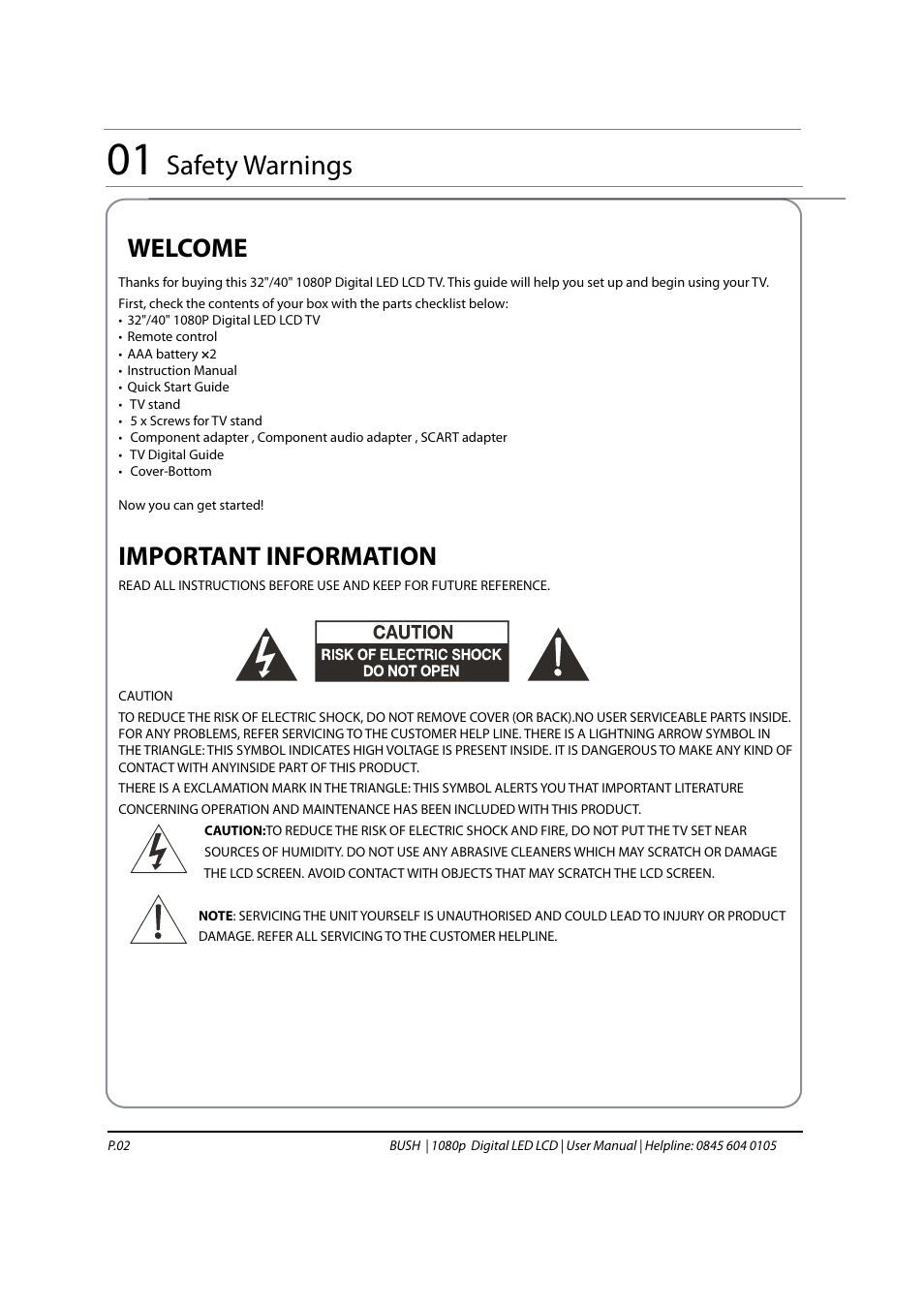 Safety warnings s, Welcome, Important information | BUSH 1080P User Manual | Page 3 / 30