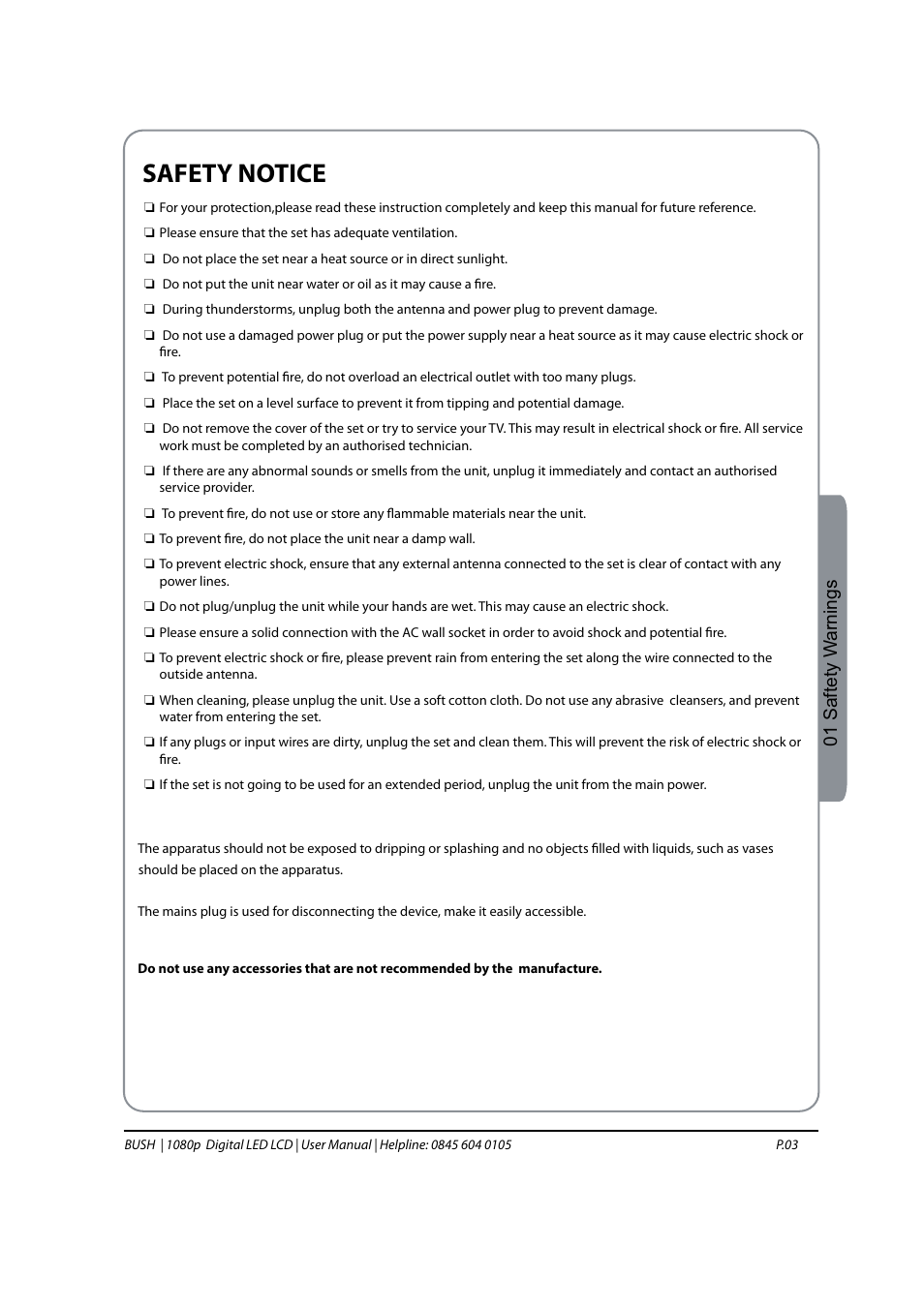 Safety notice, 01 saftety w arnings | BUSH 1080P User Manual | Page 4 / 30