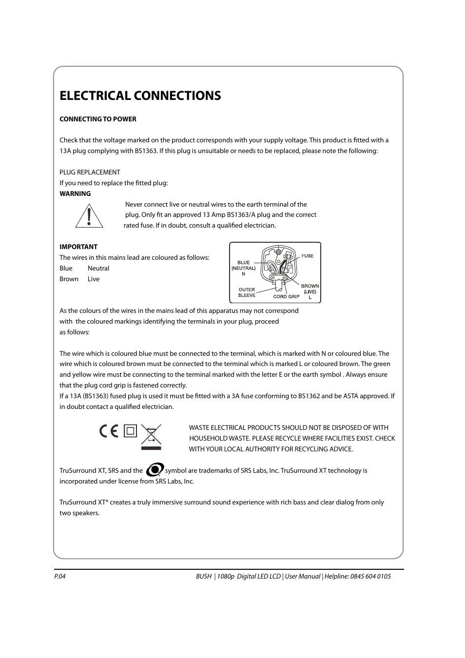 Electrical connections | BUSH 1080P User Manual | Page 5 / 30