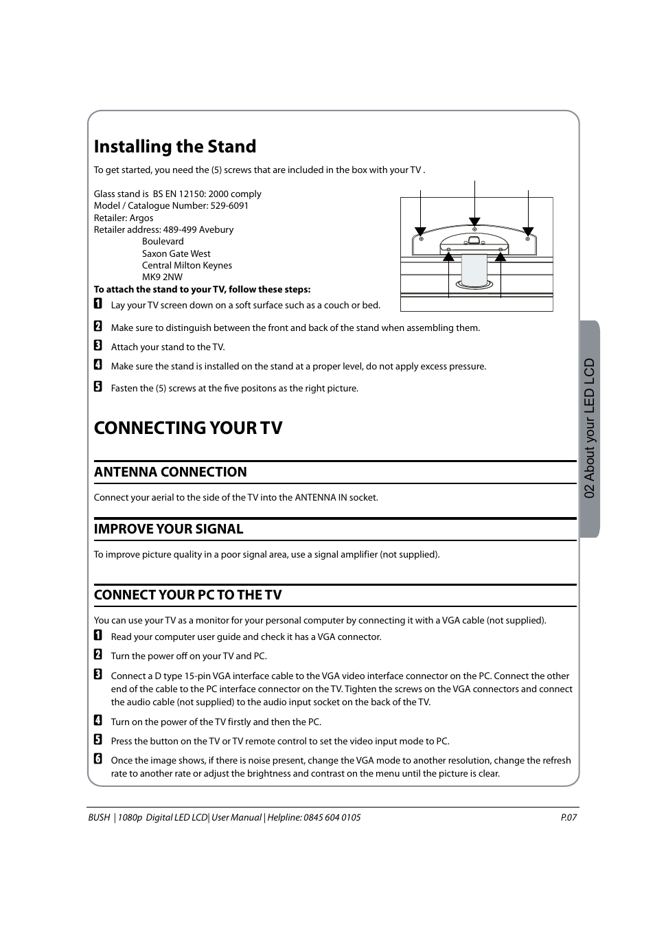 Installing the stand, Connecting your tv | BUSH 1080P User Manual | Page 8 / 30