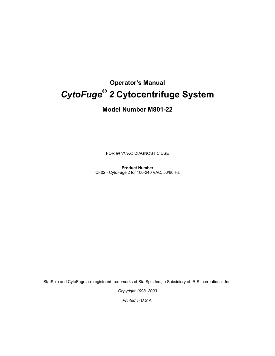 Cytofuge, 2 cytocentrifuge system | Iris Sample Processing StatSpin® CytoFuge 2 Compact Cytocentrifuge System User Manual | Page 2 / 16