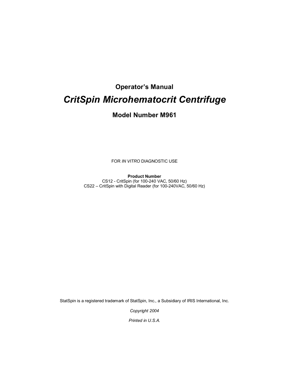 Critspin microhematocrit centrifuge | Iris Sample Processing StatSpin® CritSpin Microhematocrit System User Manual | Page 2 / 17
