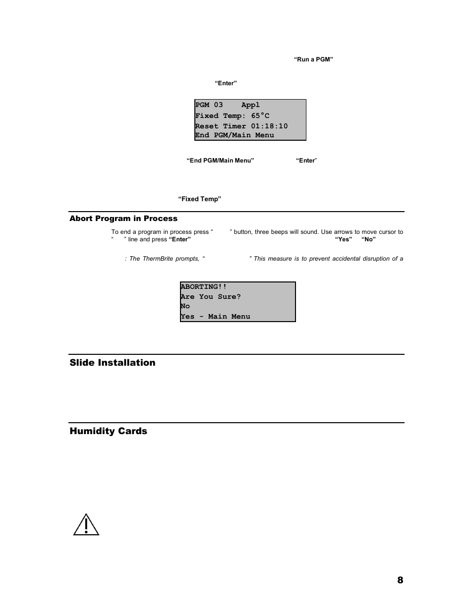 Abort program in process, Slide installation, Humidity cards | Iris Sample Processing StatSpin® ThermoBrite Denaturation and Hybridization User Manual | Page 12 / 21