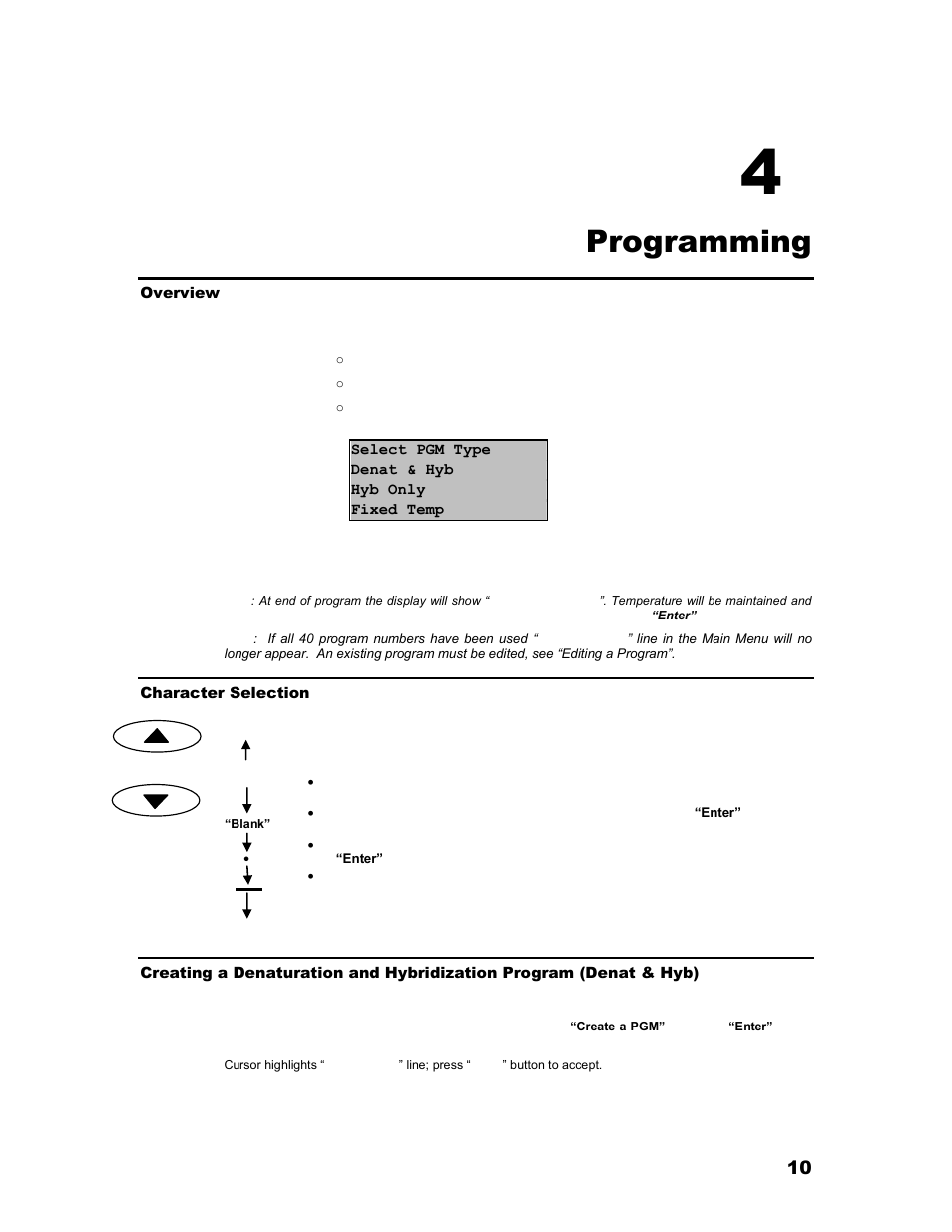 Section, Programming, Overview | Character selection | Iris Sample Processing StatSpin® ThermoBrite Denaturation and Hybridization User Manual | Page 14 / 21