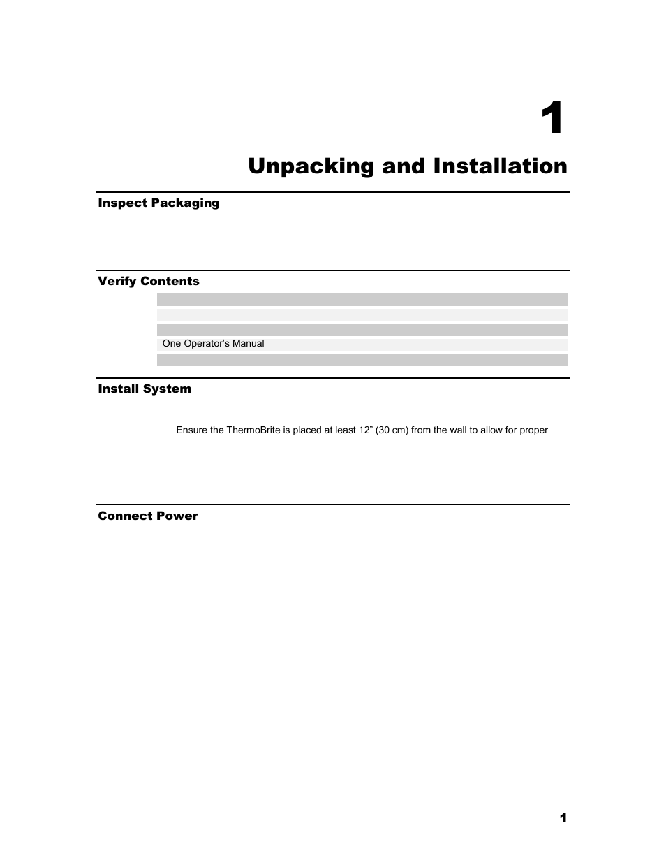 Section, Unpacking and installation, Inspect packaging | Verify contents, Install system, Connect power | Iris Sample Processing StatSpin® ThermoBrite Denaturation and Hybridization User Manual | Page 5 / 21