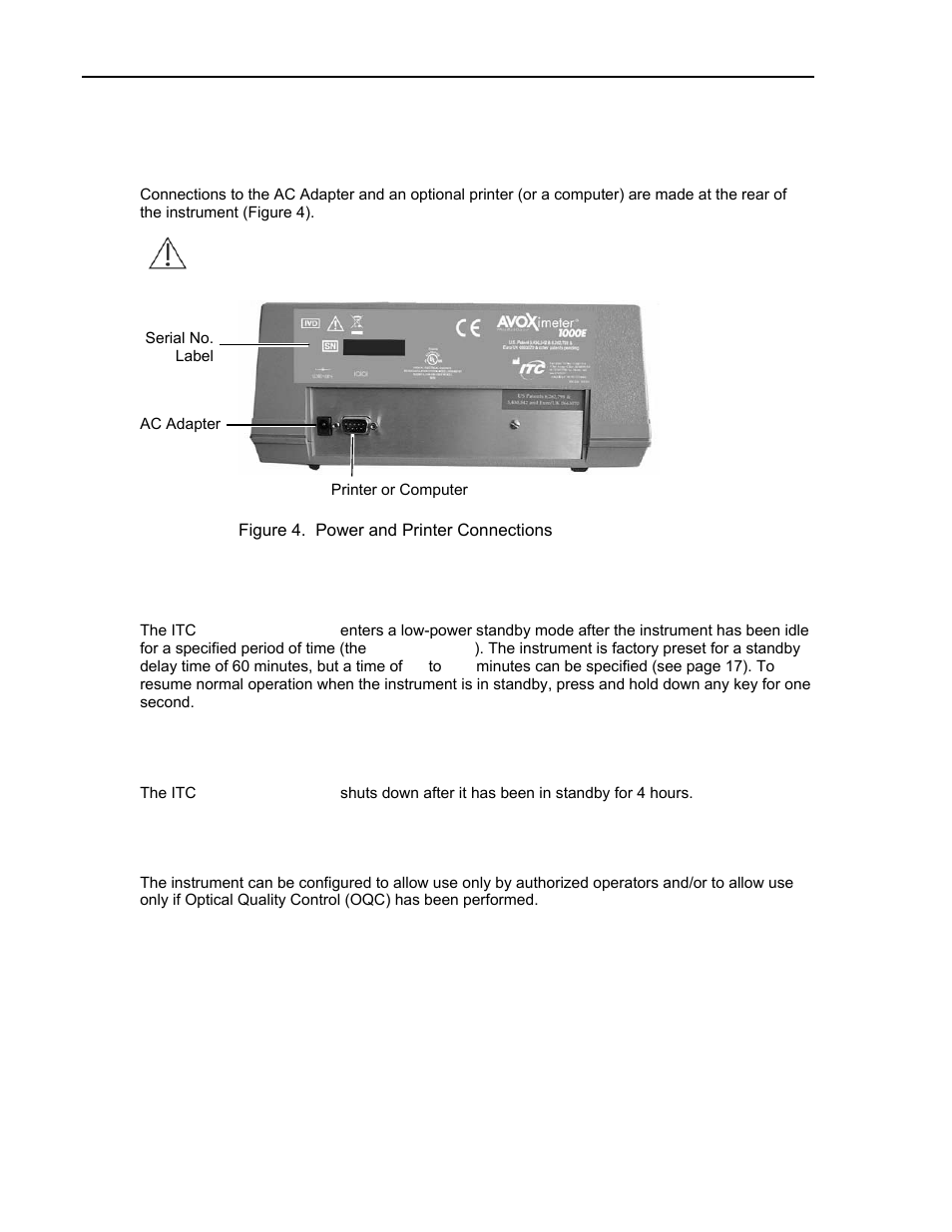 Connections, Automatic standby and shutdown, Instrument lockouts | ITC Avoximeter 1000E Whole Blood Oximeter User Manual | Page 16 / 82