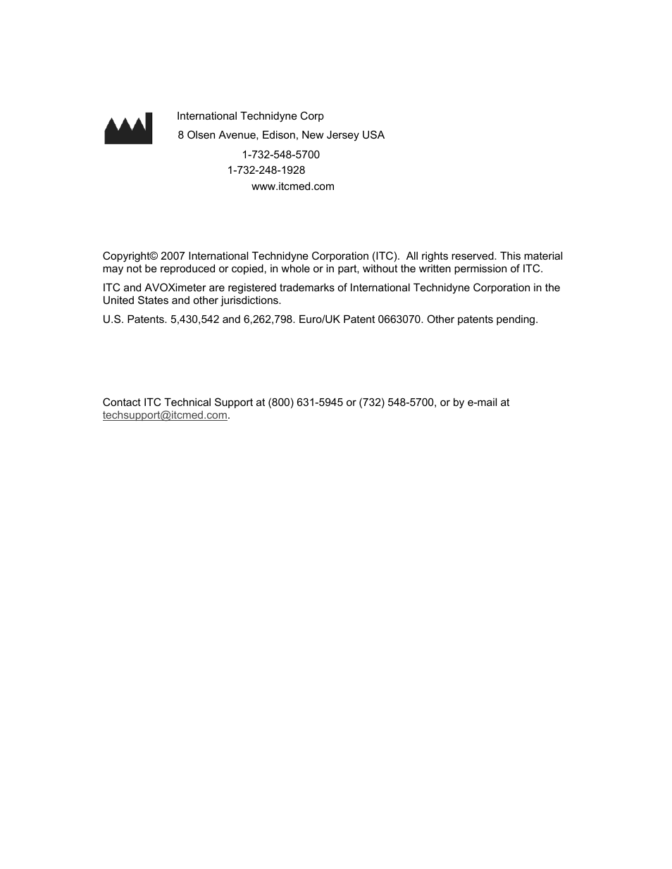 Manufacturing company location, Copyright and trademarks, Technical support | ITC Avoximeter 1000E Whole Blood Oximeter User Manual | Page 2 / 82