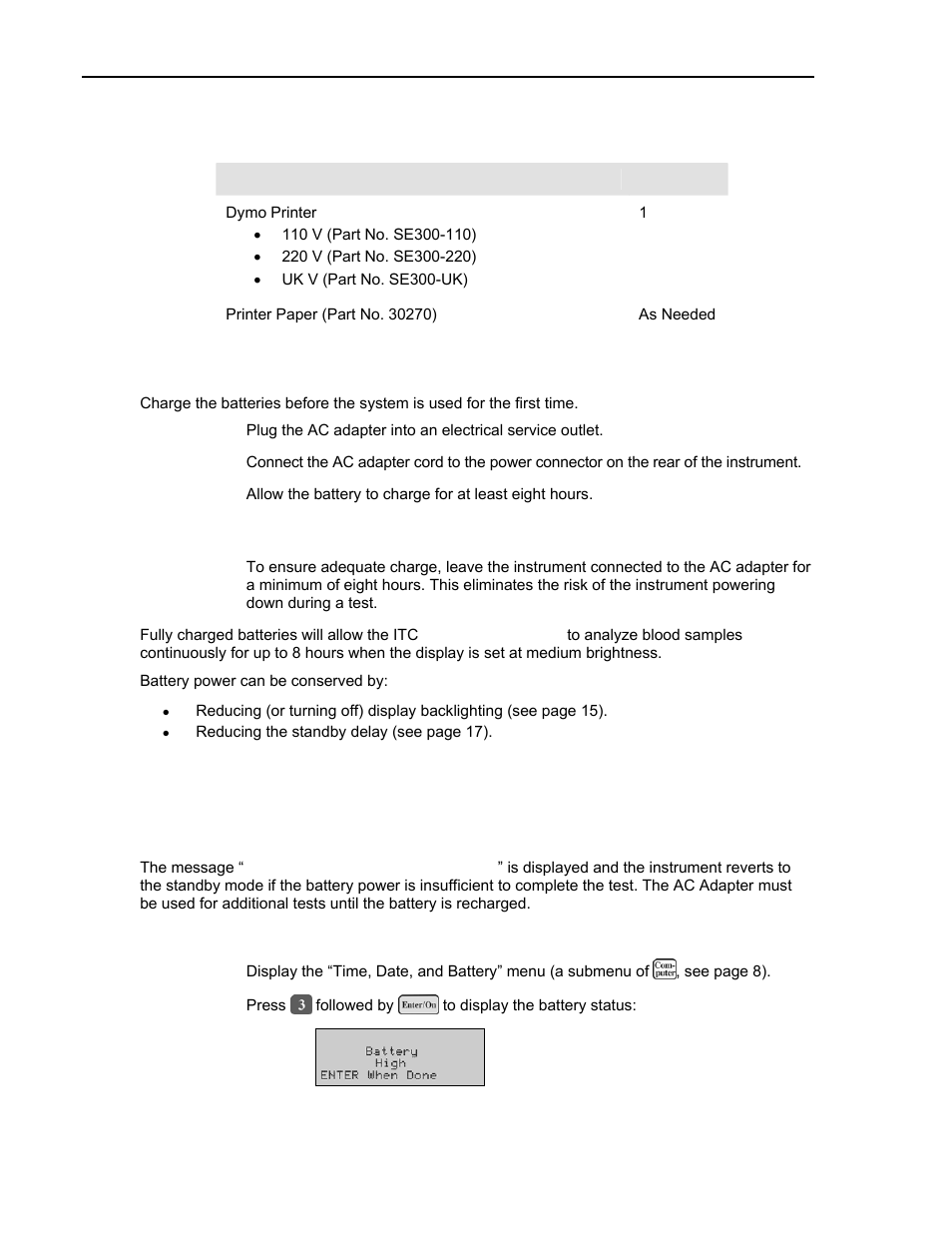 Optional materials, Charging the batteries | ITC Avoximeter 1000E Whole Blood Oximeter User Manual | Page 20 / 82