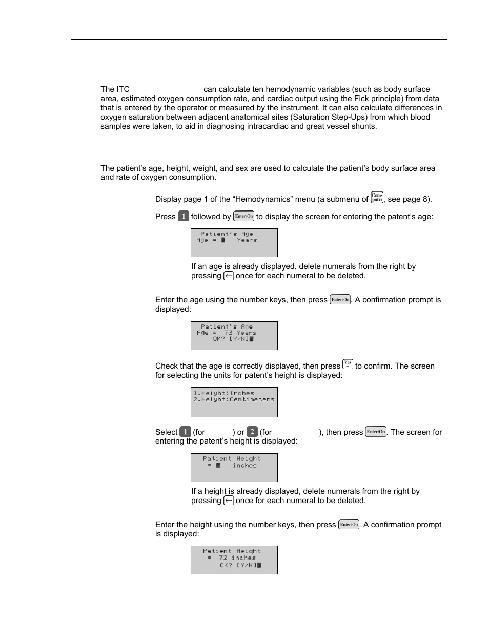 Hemodynamic calculations, Entering the patient age, height, weight, and sex | ITC Avoximeter 1000E Whole Blood Oximeter User Manual | Page 47 / 82