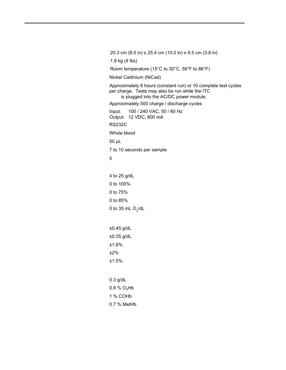 Instrument specifications, Reportable range, Accuracy | Precision | ITC Avoximeter 4000 Whole Blood CO-Oximeter User Manual | Page 18 / 78