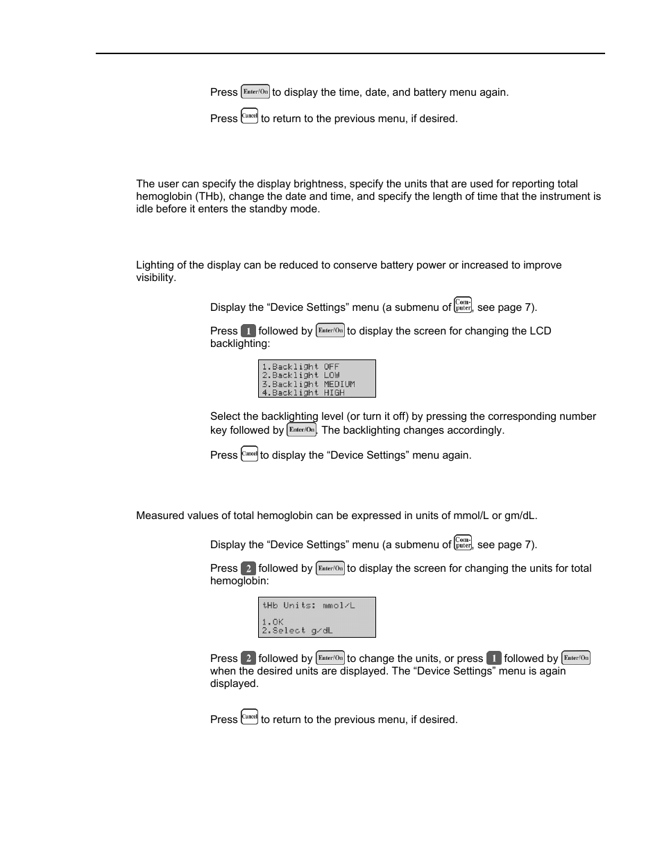 Setting up the instrument, Setting display backlighting, Specifying units for total hemoglobin (thb) | Etting up the instrument, Specif total hemoglobin (thb), Ying units for | ITC Avoximeter 4000 Whole Blood CO-Oximeter User Manual | Page 23 / 78