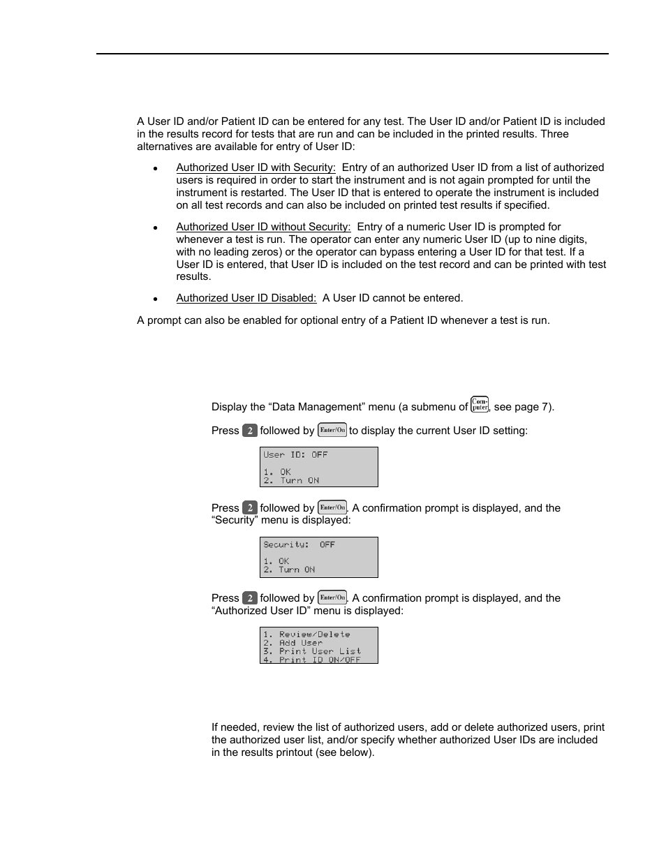 Specifying entry of user id and/or patient id, Specify, Ing entry of user id and/or patient id | ITC Avoximeter 4000 Whole Blood CO-Oximeter User Manual | Page 27 / 78