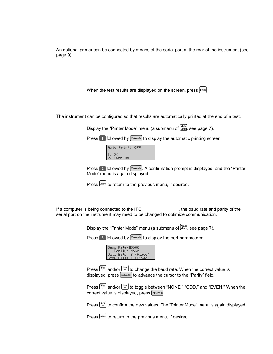 Using the printer, Printing the current test results, Specifying automatic printing of results | Changing the serial port baud rate and parity | ITC Avoximeter 4000 Whole Blood CO-Oximeter User Manual | Page 43 / 78