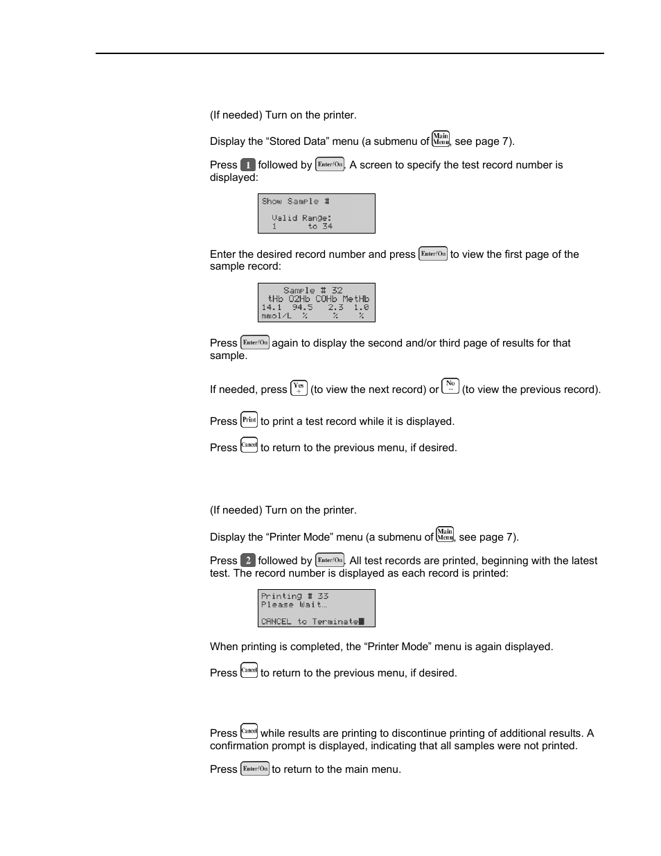 Locating, reviewing, and/or printing any sample, Printing all stored data, Aborting printing of results | Printing all stored, Data | ITC Avoximeter 4000 Whole Blood CO-Oximeter User Manual | Page 45 / 78