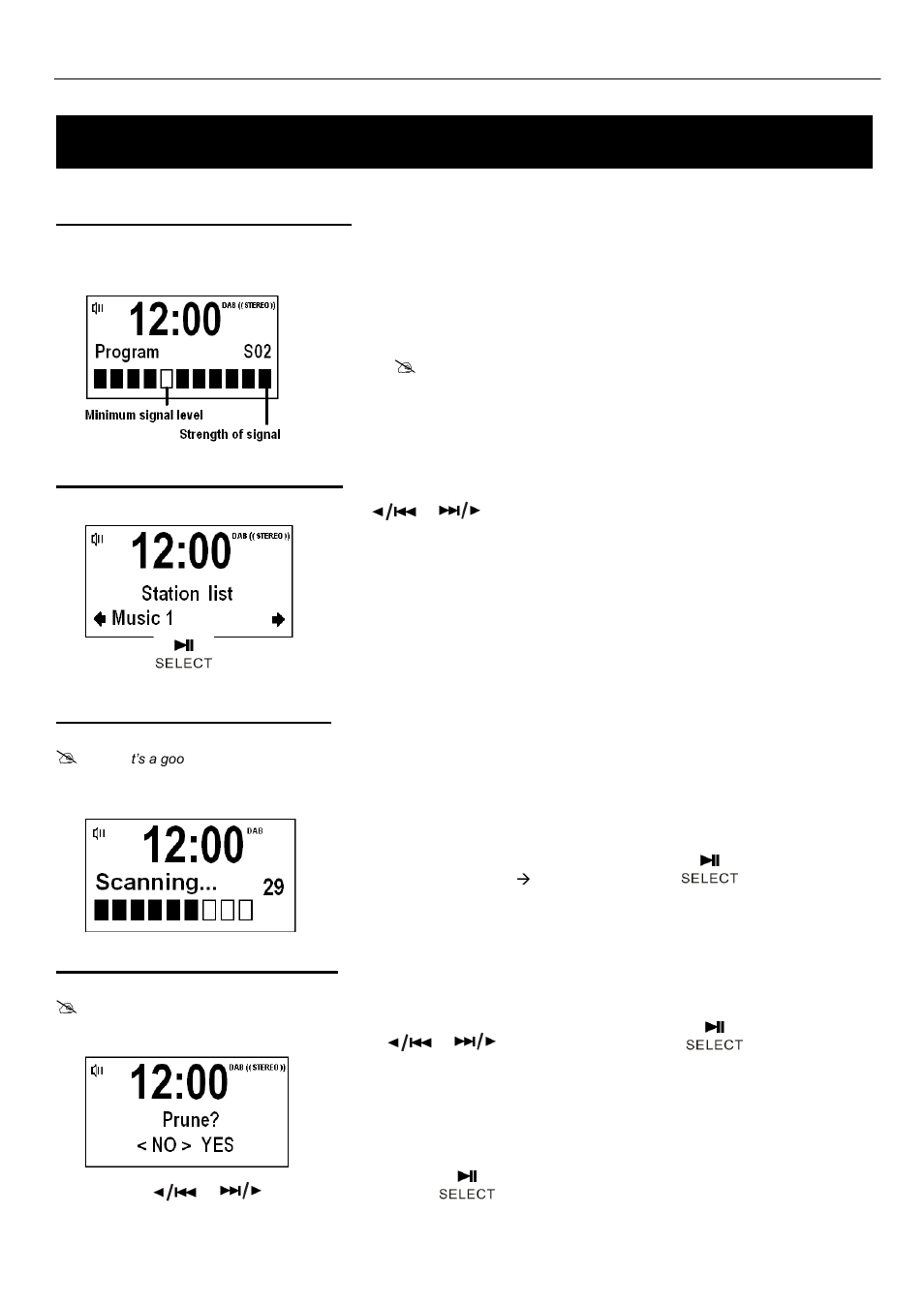 Using dab+ radio, Displaying signal strength, Tuning to another station | Updating the station list, Remove inactive stations, Bush bcr33dabip | BUSH DAB+ Digital Alarm Clock Radio with Dock for iPhone BCR33DABIP User Manual | Page 6 / 16