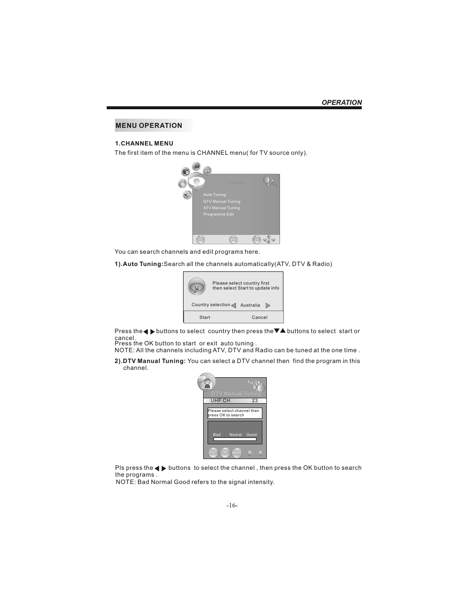 Operation -16, Menu operation | BUSH 19" LCD Tv IDLCD1904HD User Manual | Page 17 / 25