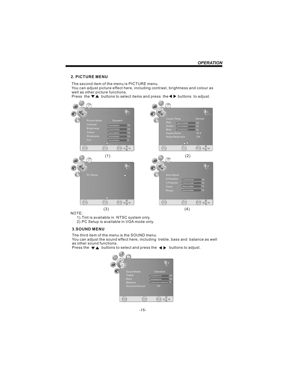 Operation, Sound menu, Picture menu | BUSH 19" LCD Tv IDLCD1904HD User Manual | Page 19 / 25