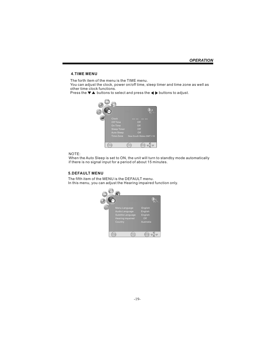 Operation -19, Time menu, Default menu | BUSH 19" LCD Tv IDLCD1904HD User Manual | Page 20 / 25