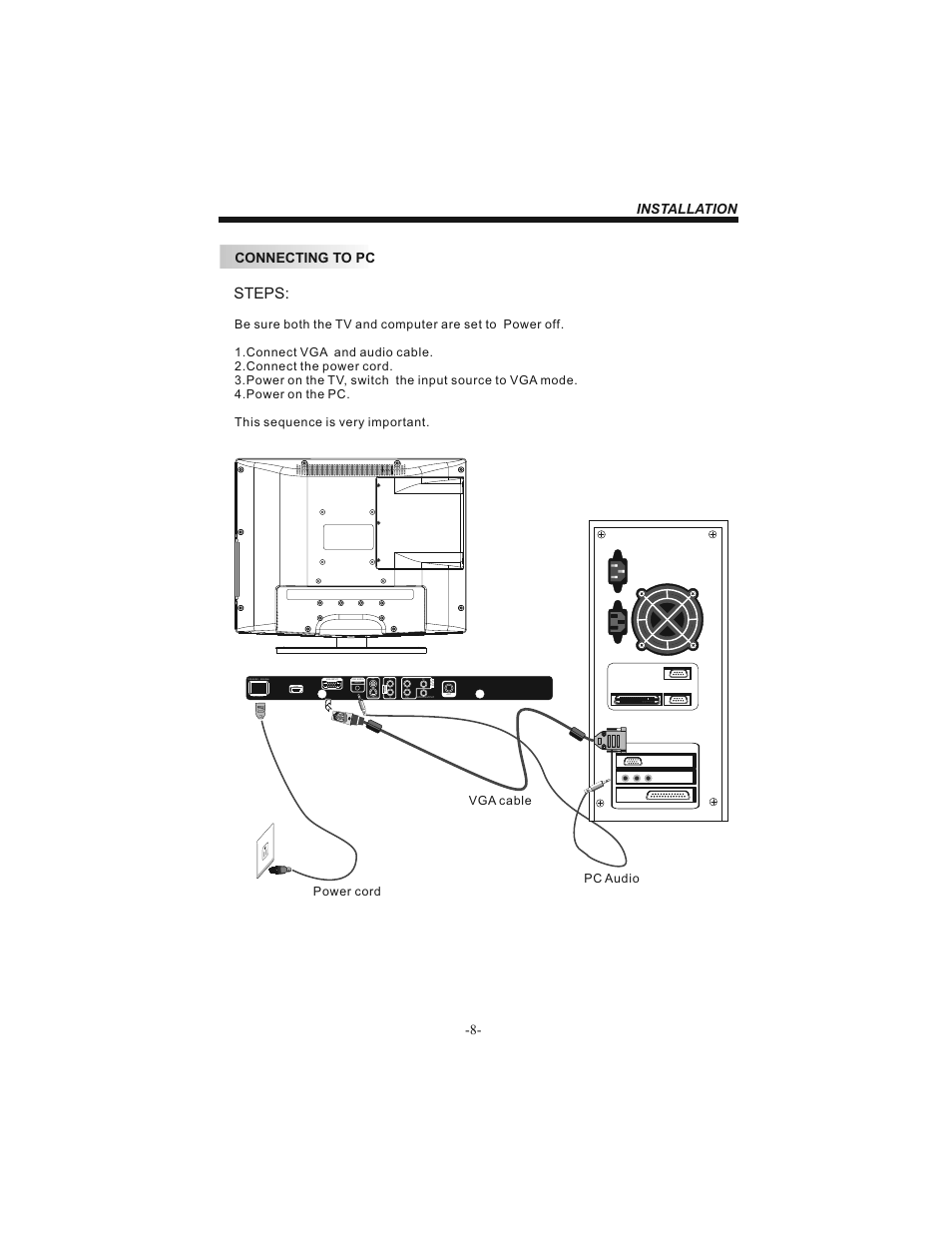 Steps, Connecting to pc, Installation | Hdmi, Hdmi vga audio, Pc audio power cord vga cable | BUSH 19" LCD Tv IDLCD1904HD User Manual | Page 9 / 25