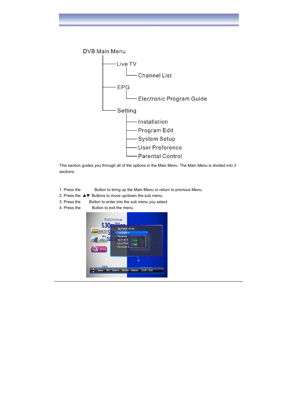 Dvb main menu | BUSH High Definition Digital Set Top Box with DAB+ Receiver DFTA52DAB User Manual | Page 16 / 33