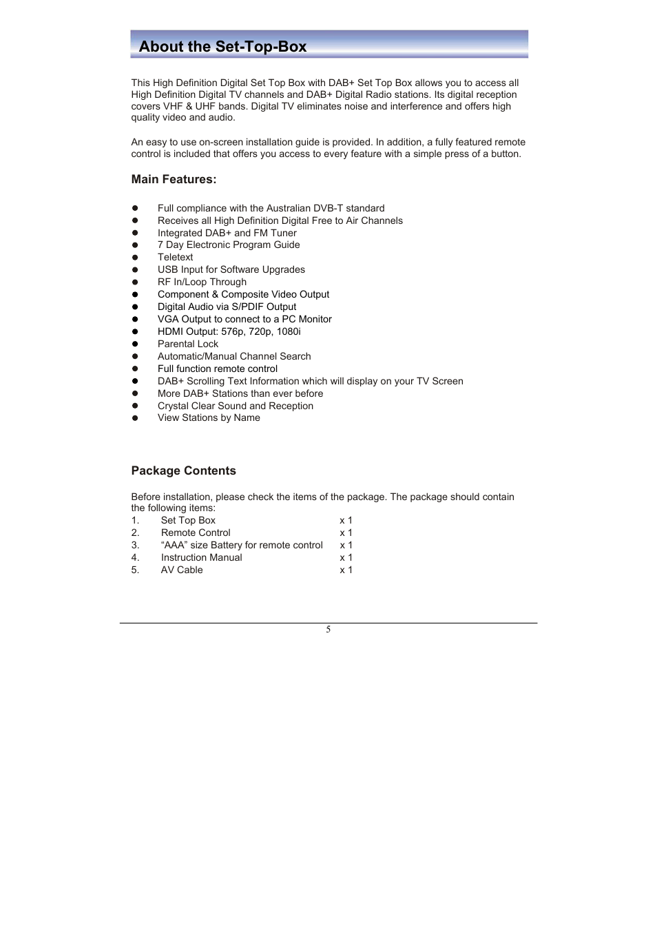 About the set-top-box | BUSH High Definition Digital Set Top Box with DAB+ Receiver DFTA52DAB User Manual | Page 6 / 33