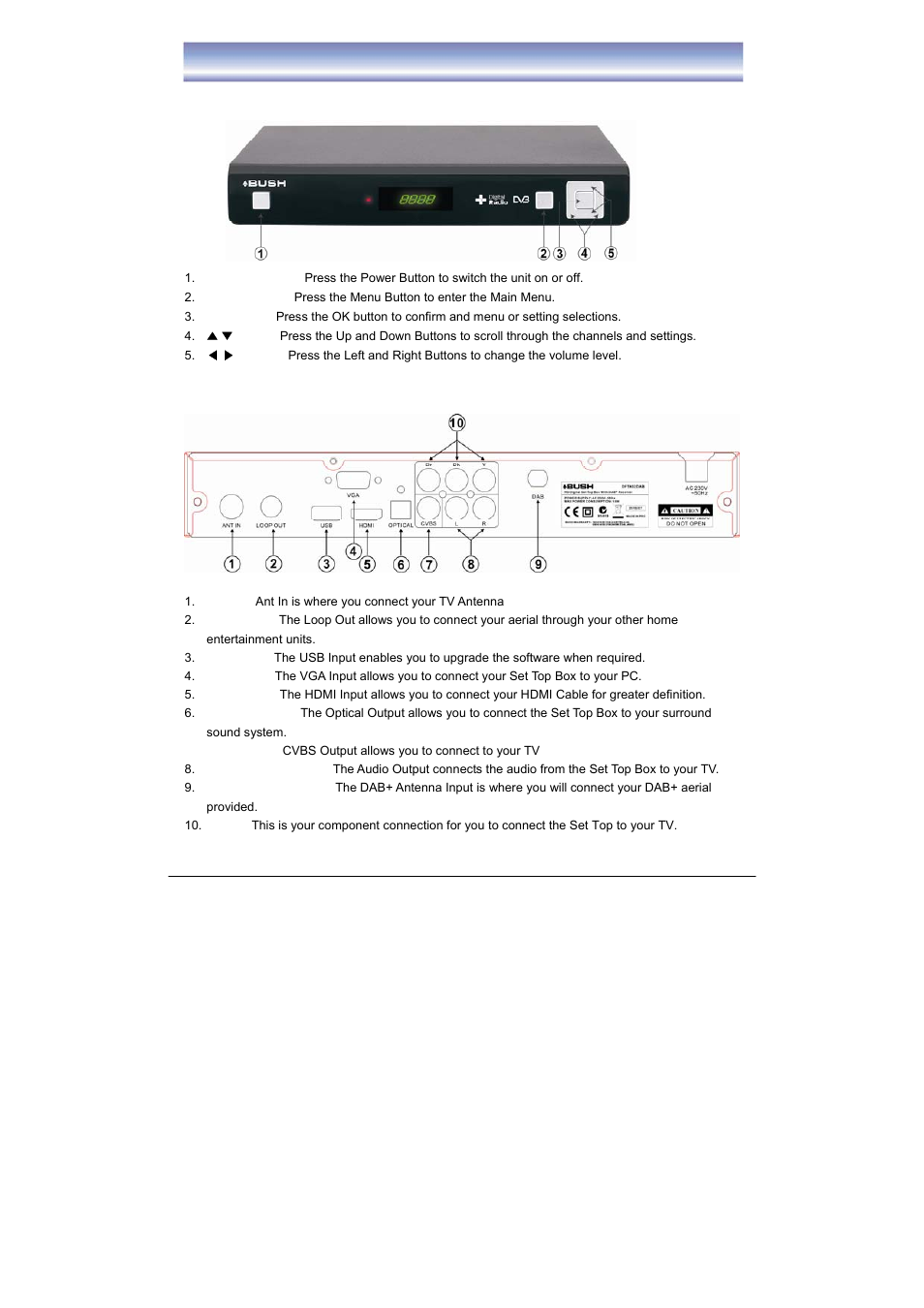 Front panel and back panel | BUSH High Definition Digital Set Top Box with DAB+ Receiver DFTA52DAB User Manual | Page 7 / 33