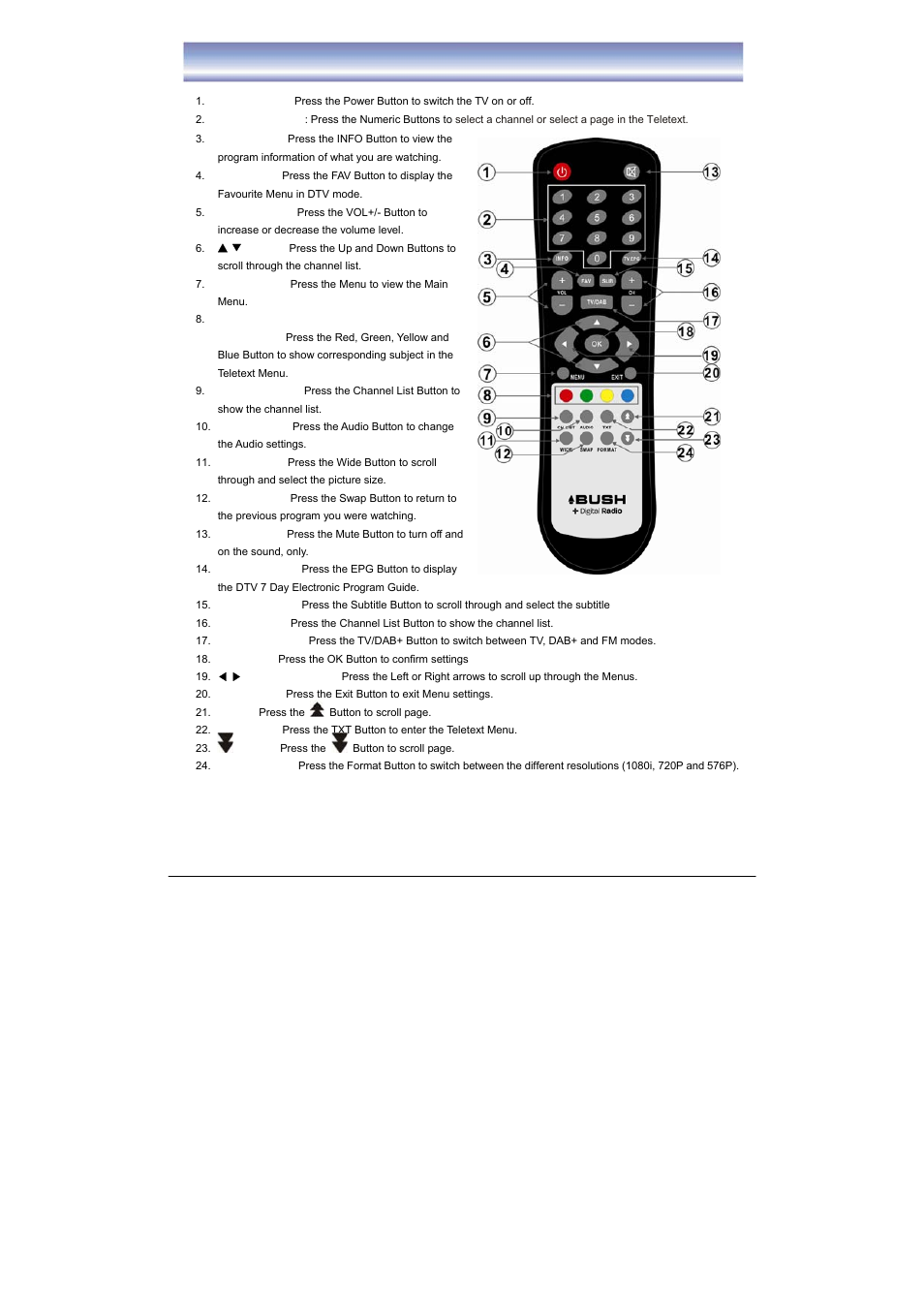 Remote control | BUSH High Definition Digital Set Top Box with DAB+ Receiver DFTA52DAB User Manual | Page 8 / 33