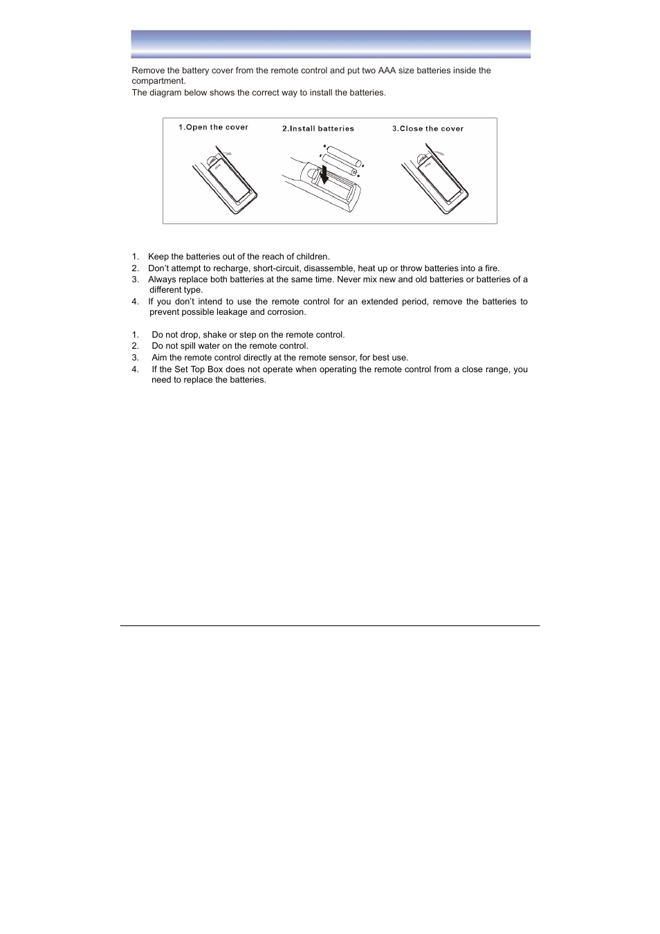 Installing the batteries | BUSH High Definition Digital Set Top Box with DAB+ Receiver DFTA52DAB User Manual | Page 9 / 33